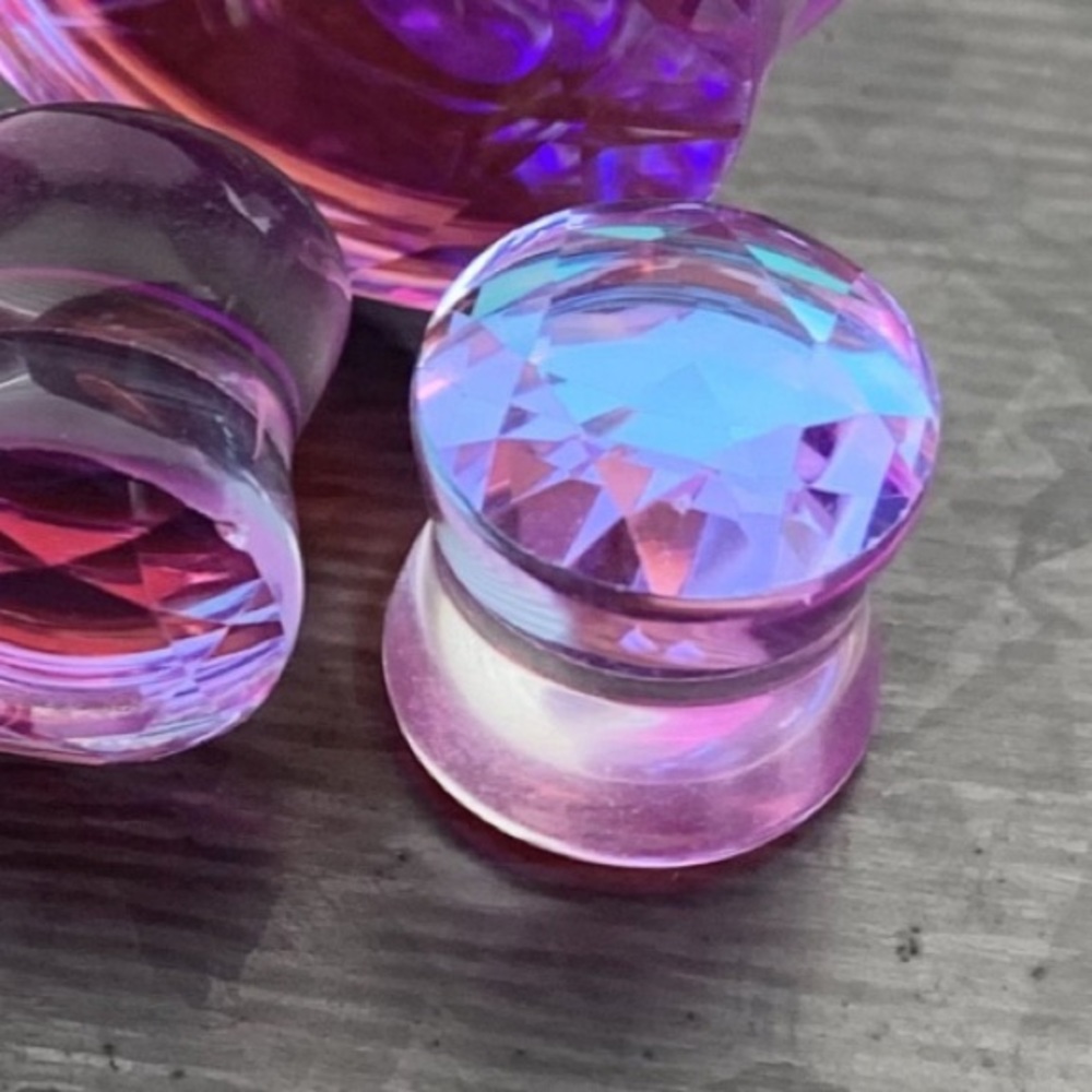 GLASS PLUGS GAUGES EARRINGS SIZE 0 PINK DIAMOND SHAPE FACETED BLUE STRETCHED EAR